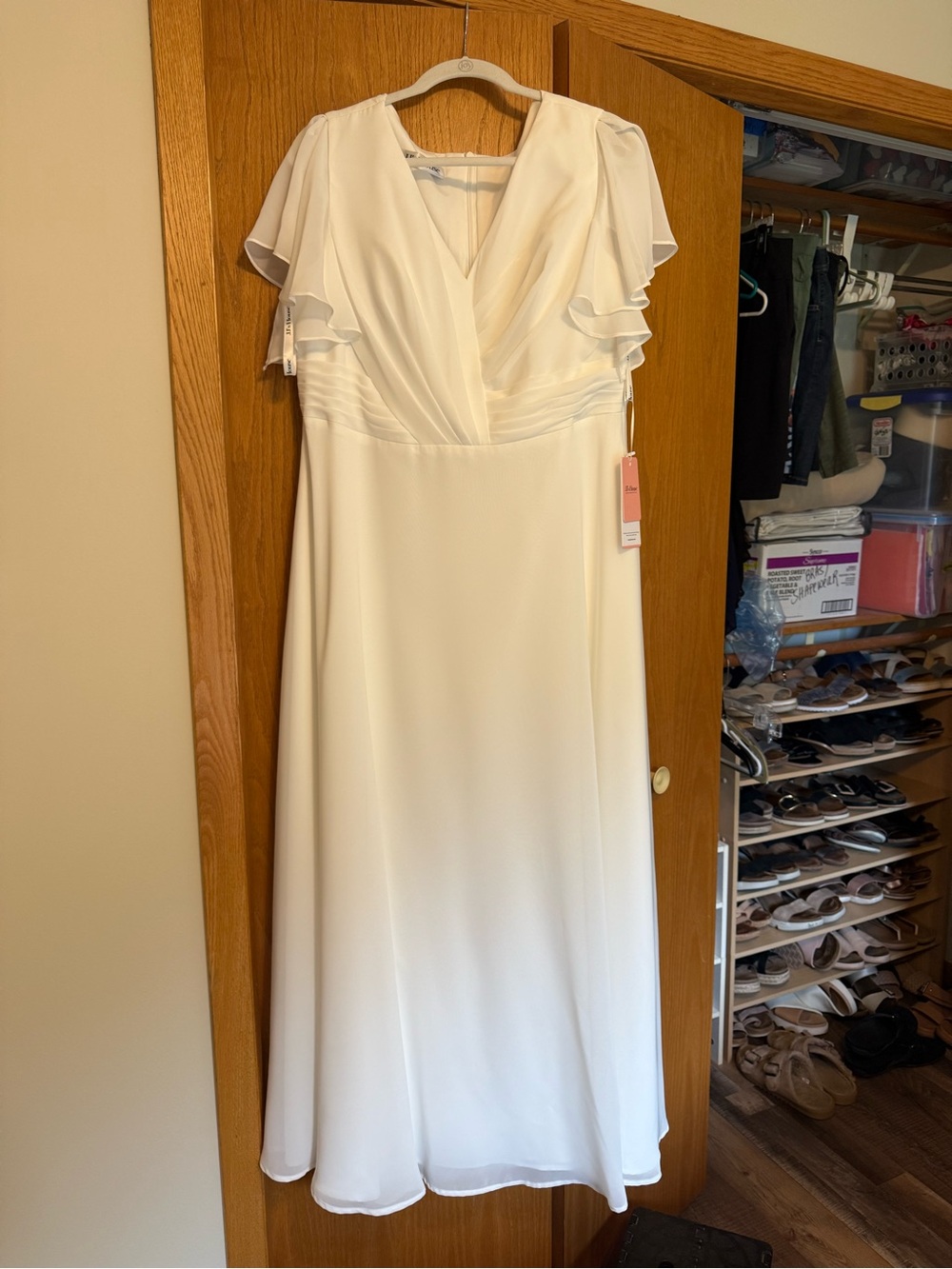 JJs House Ivory Midi Dress with Flutter Sleeves